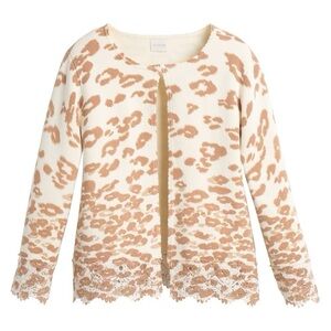 Chico’s Cheetah Lace-Hem Charlee Preppy Clueless Cardigan 2/L/12 Tan/Cream